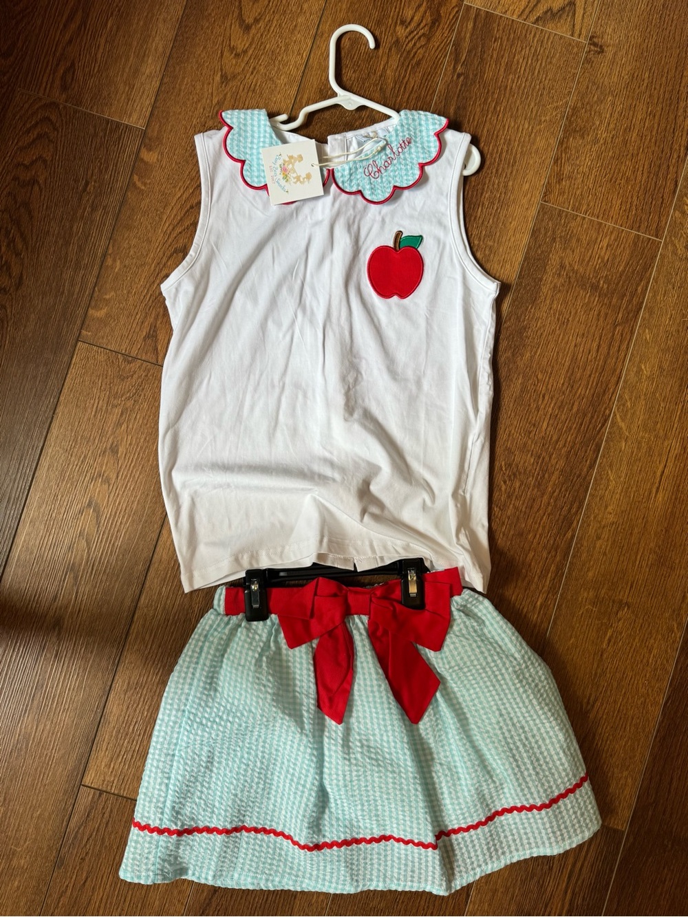 Girls White Top & Mint Skirt Set with Red Apple and Bow